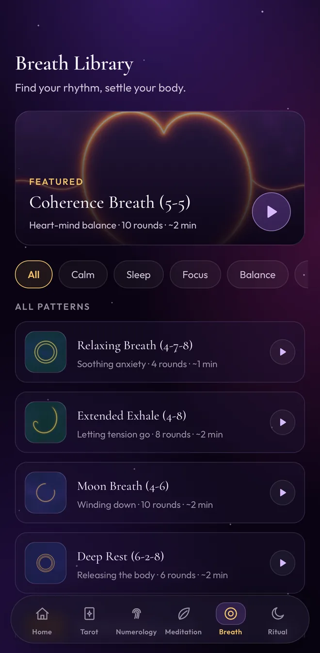 Mystica breathing library screen