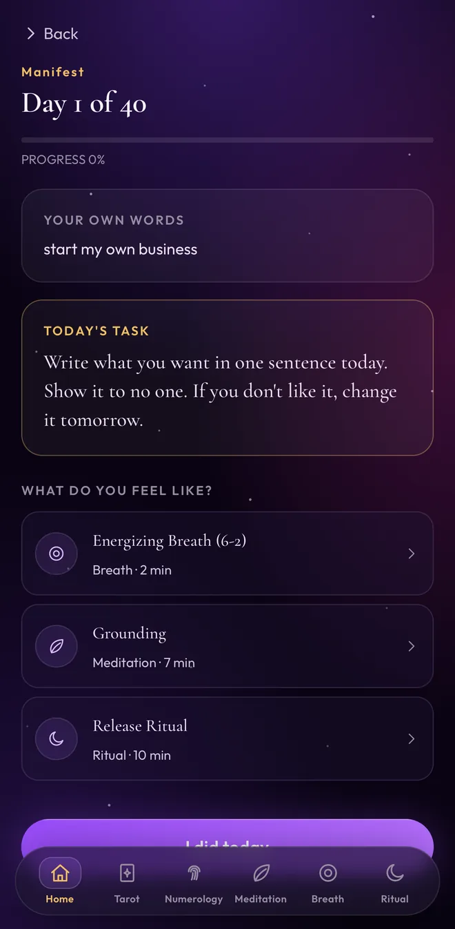Mystica forty-day journey screen