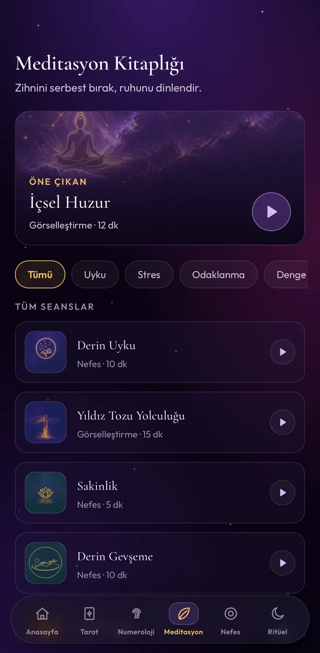 Mystica meditasyon kitaplığı ekranı