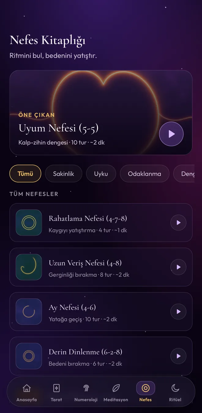 Mystica nefes kitaplığı ekranı